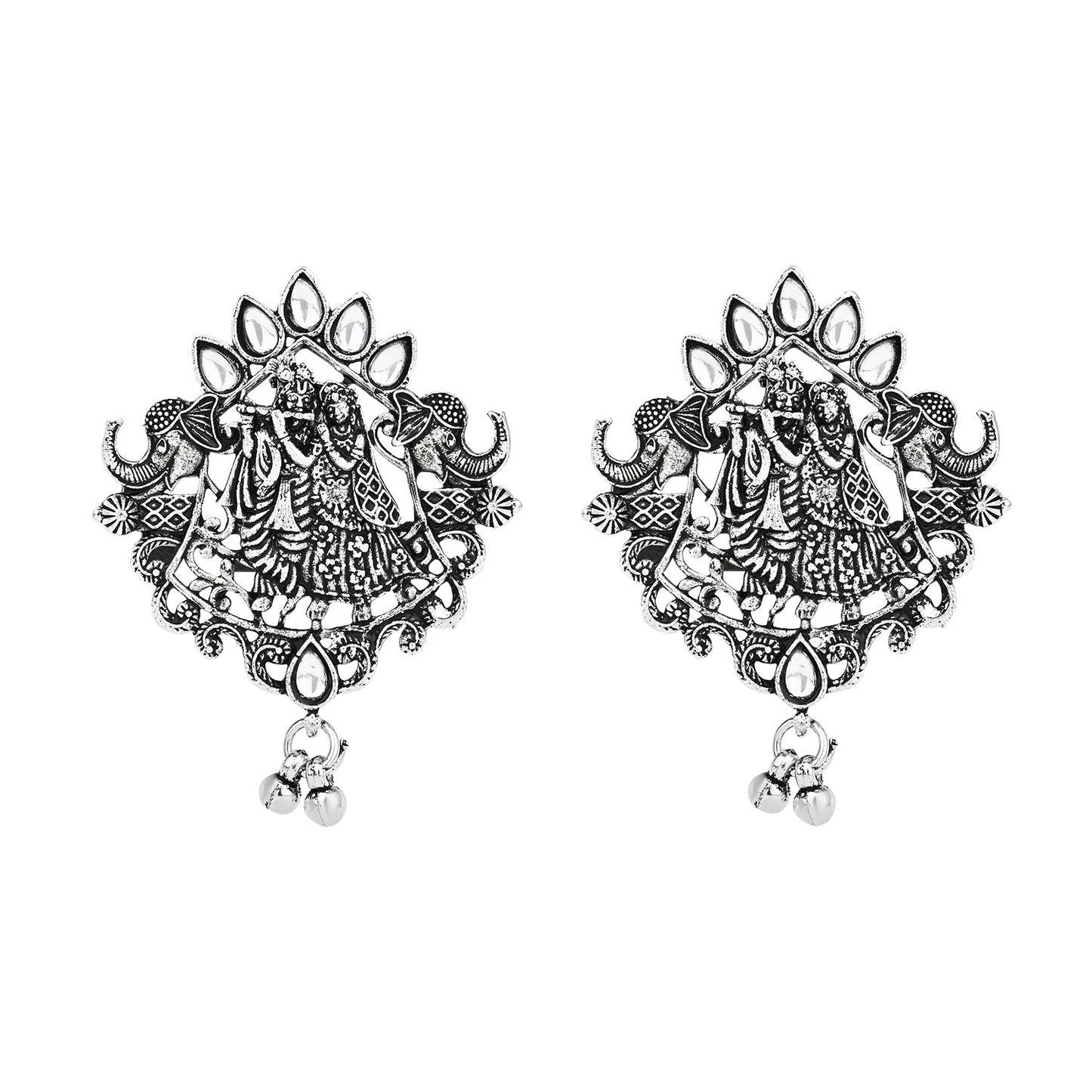 Navratri Ethnic Stylish Silver Oxidised Radha Krishna Design Long Necklace Jewellery Set for Women And Girls - Wahe Jewels - Swadesiicart