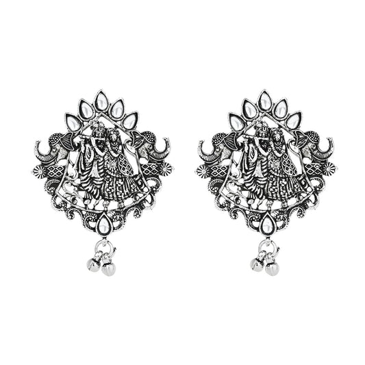 Navratri Ethnic Stylish Silver Oxidised Radha Krishna Design Long Necklace Jewellery Set for Women And Girls - Wahe Jewels - Swadesiicart