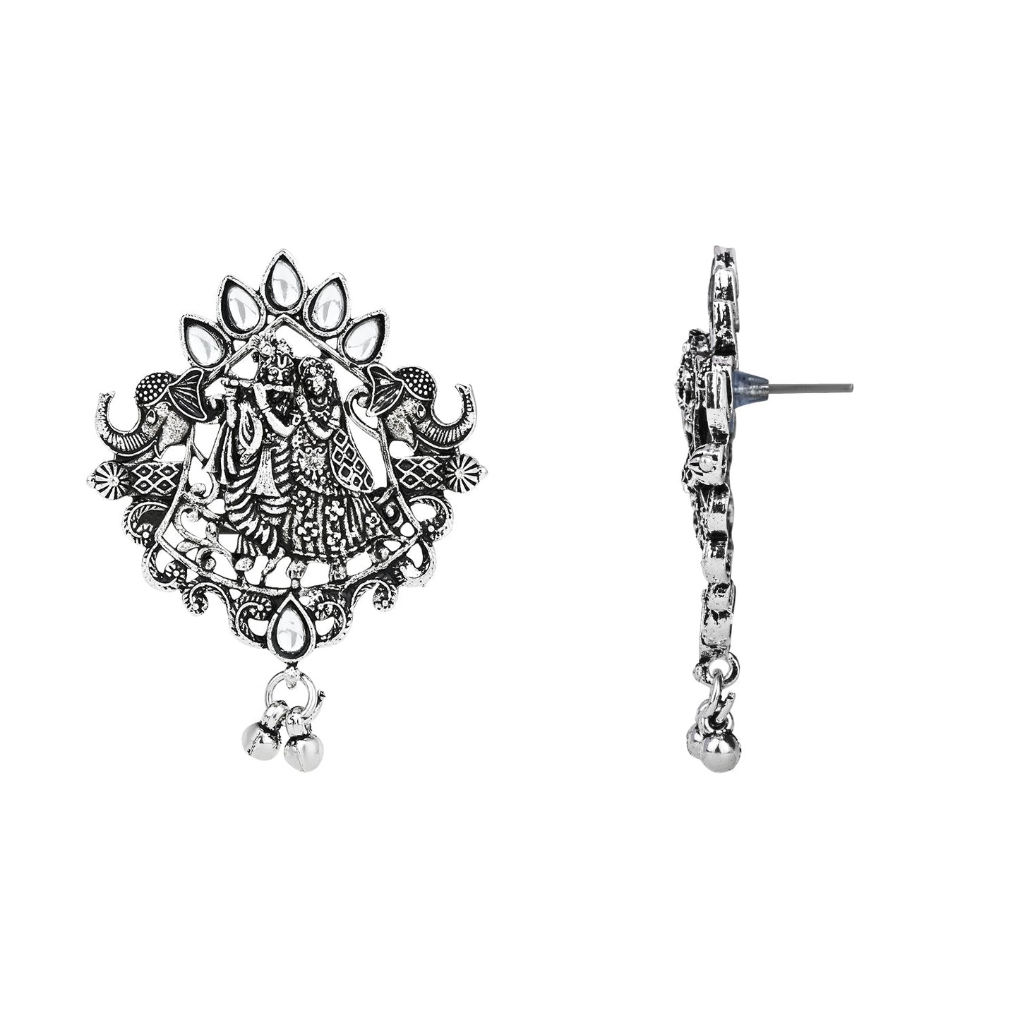 Navratri Ethnic Stylish Silver Oxidised Radha Krishna Design Long Necklace Jewellery Set for Women And Girls - Wahe Jewels - Swadesiicart