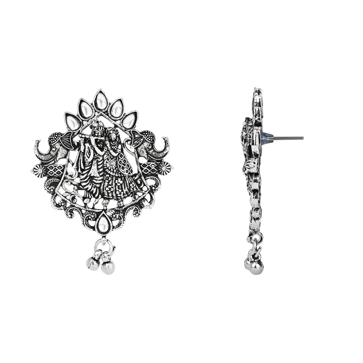 Navratri Ethnic Stylish Silver Oxidised Radha Krishna Design Long Necklace Jewellery Set for Women And Girls - Wahe Jewels - Swadesiicart
