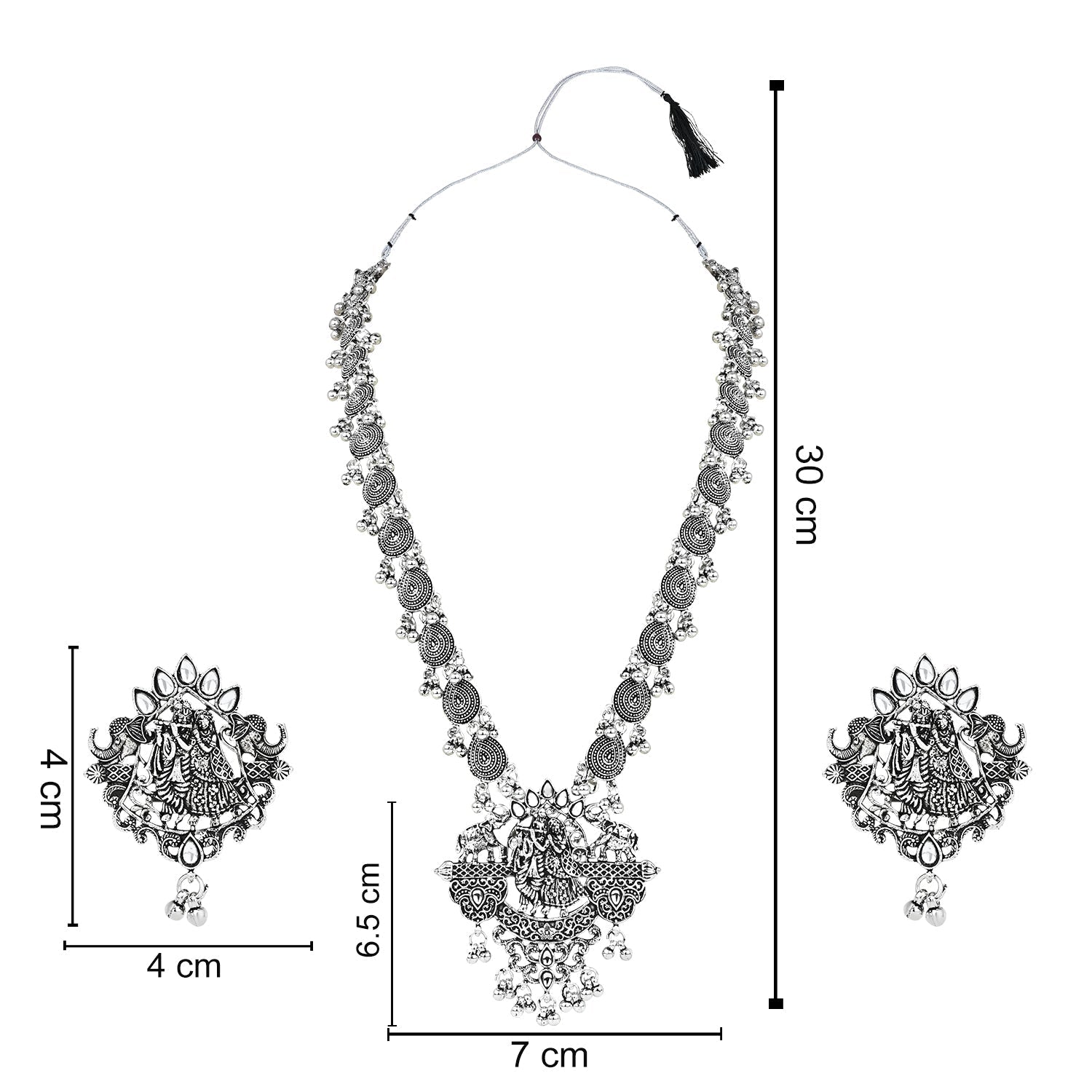 Navratri Ethnic Stylish Silver Oxidised Radha Krishna Design Long Necklace Jewellery Set for Women And Girls - Wahe Jewels - Swadesiicart