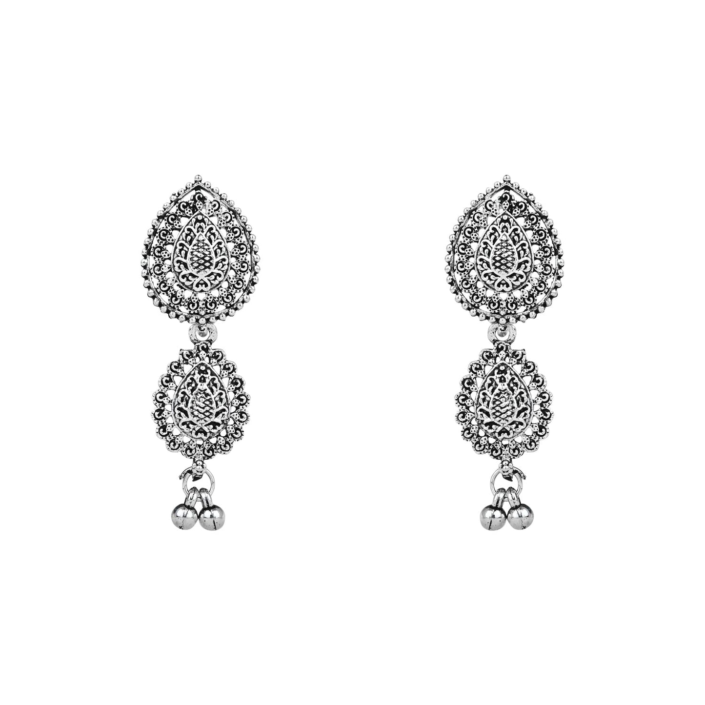 Navratri Ethnic Silver Oxidised Floral Design Ghungroo Long Necklace Jewellery With Jhumka Earrings Set For Women/Girls - Wahe Jewels - Swadesiicart