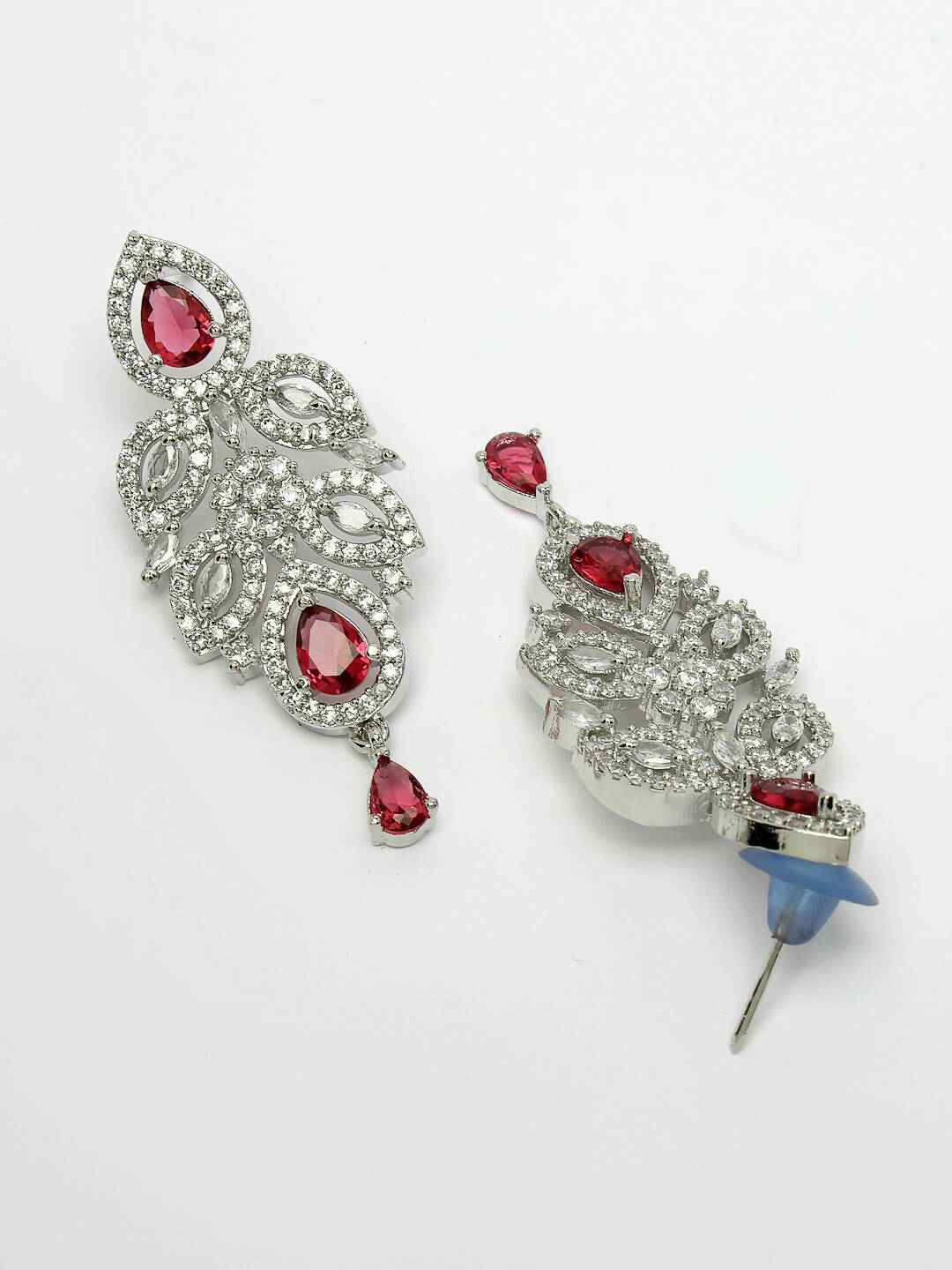 NVR Women Silver Plated & Maroon Cz Stone Handcrafted Jewellery Set - Swadesiicart