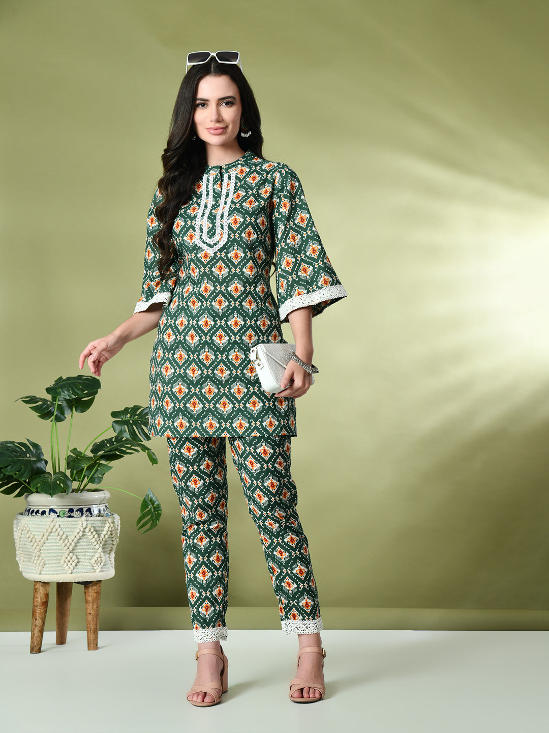 Myshka Women's Cotton Printed Co-ord set in Green Color - Swadesiicart