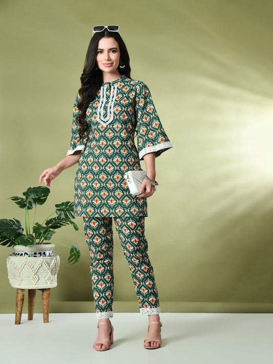 Myshka Women's Cotton Printed Co-ord set in Green Color - Swadesiicart