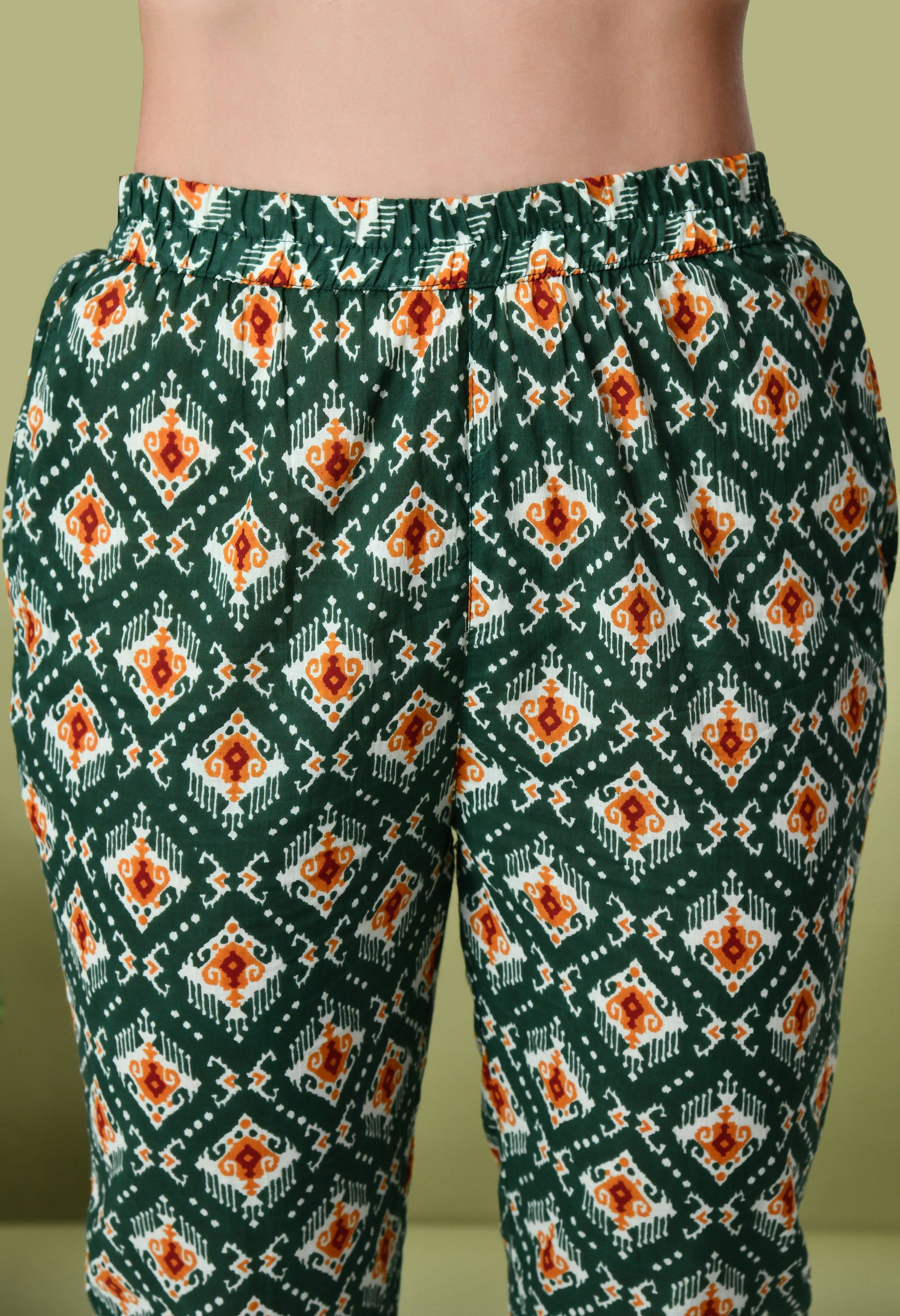 Myshka Women's Cotton Printed Co-ord set in Green Color - Swadesiicart