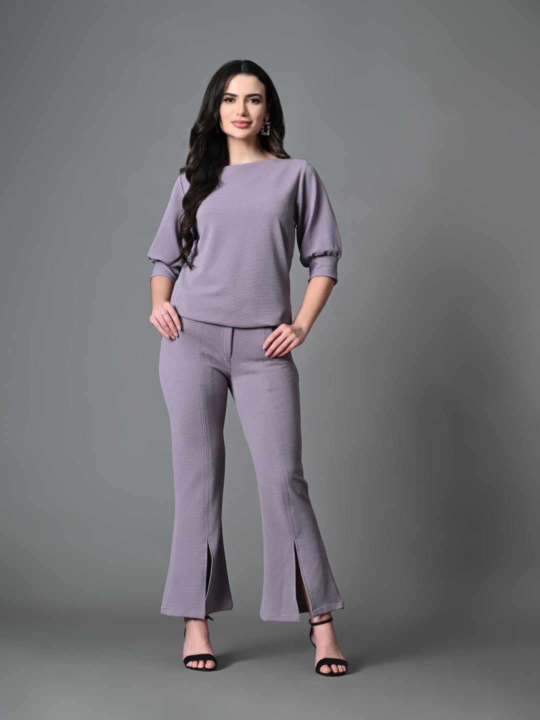 Myshka Lavender Solid Boat Neck Casual Top With Trousers Co-ord set - Swadesiicart