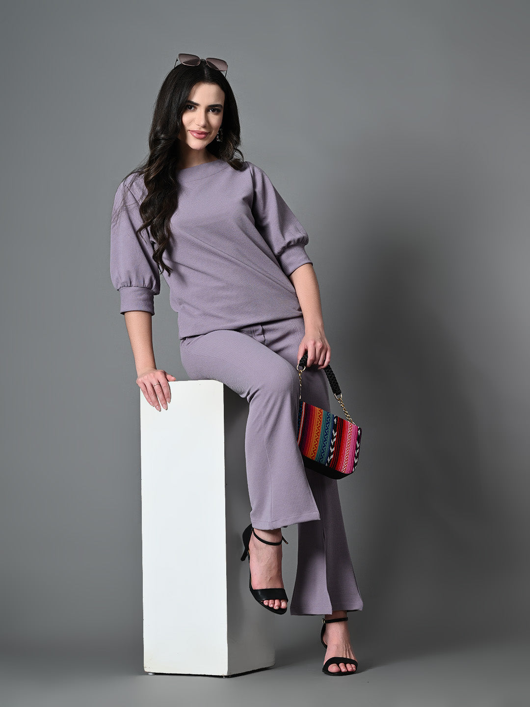 Myshka Lavender Solid Boat Neck Casual Top With Trousers Co-ord set - Swadesiicart