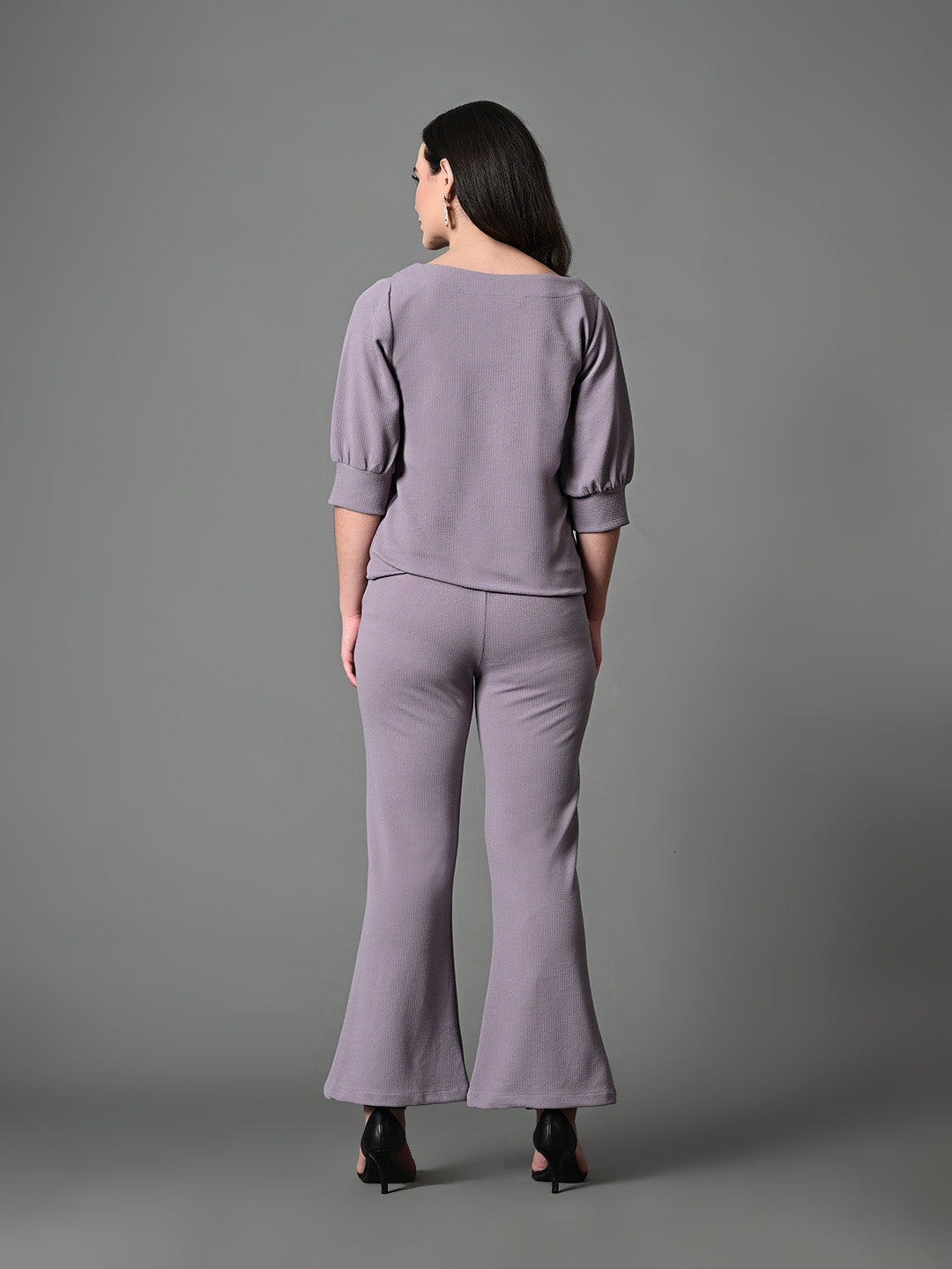 Myshka Lavender Solid Boat Neck Casual Top With Trousers Co-ord set - Swadesiicart