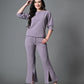 Myshka Lavender Solid Boat Neck Casual Top With Trousers Co-ord set - Swadesiicart