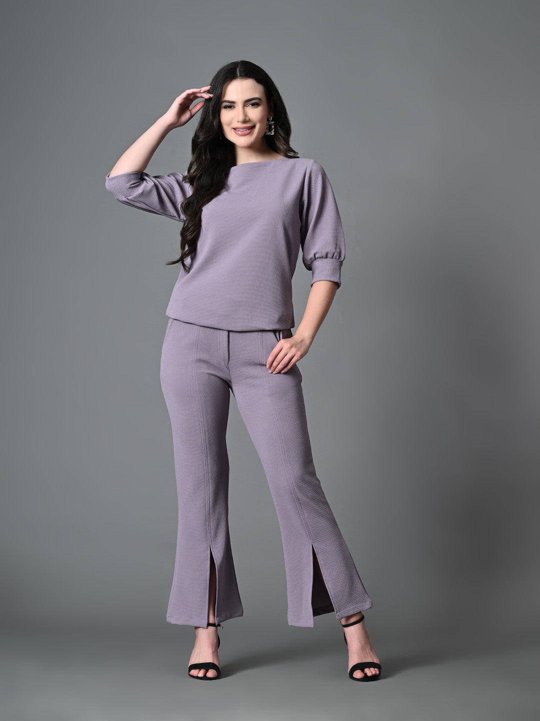 Myshka Lavender Solid Boat Neck Casual Top With Trousers Co-ord set - Swadesiicart