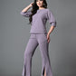 Myshka Lavender Solid Boat Neck Casual Top With Trousers Co-ord set - Swadesiicart