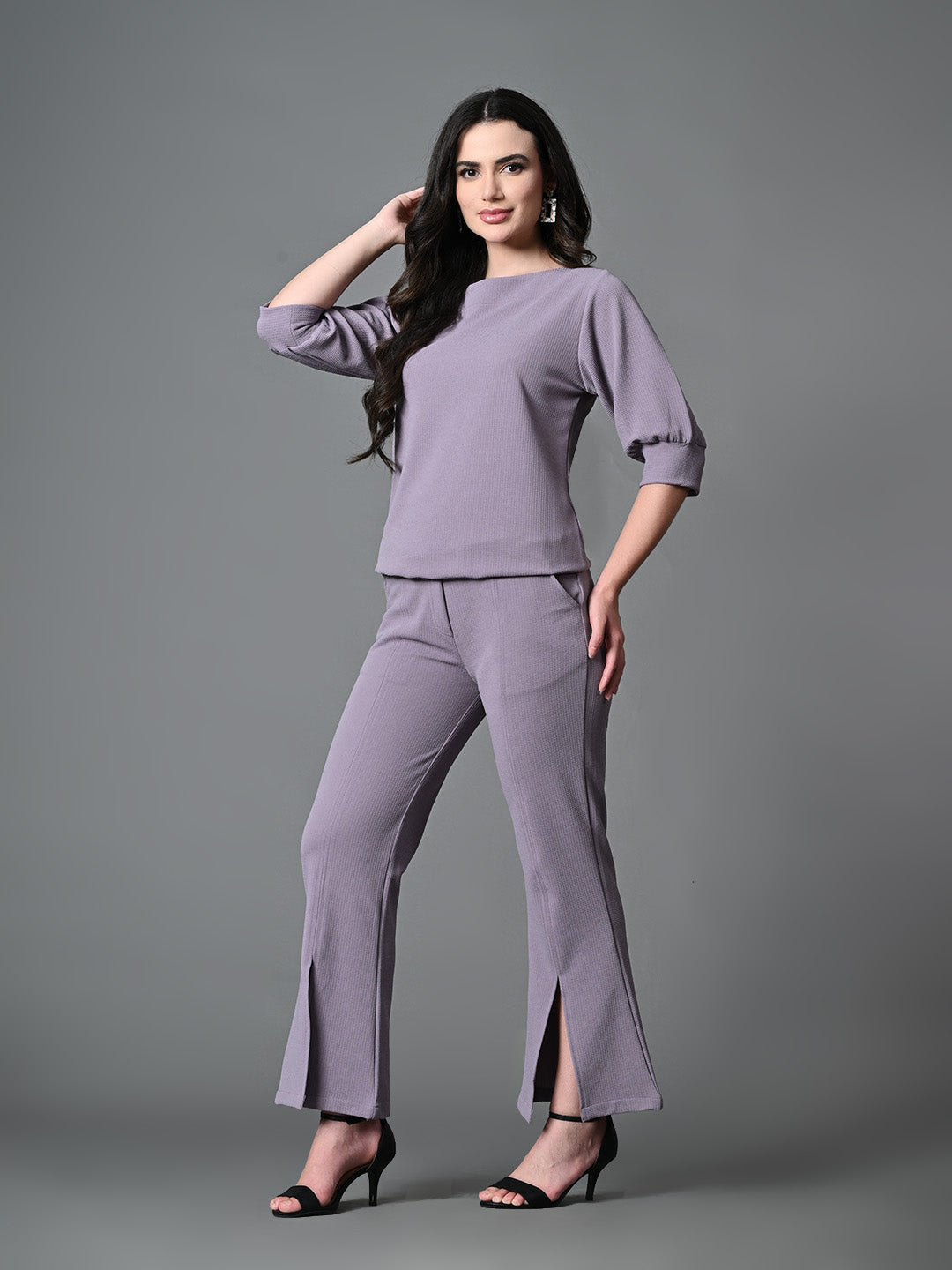 Myshka Lavender Solid Boat Neck Casual Top With Trousers Co-ord set - Swadesiicart