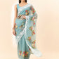 Blue Organza Floral Embroidered Saree with Unstitched Blouse Piece - Roozal