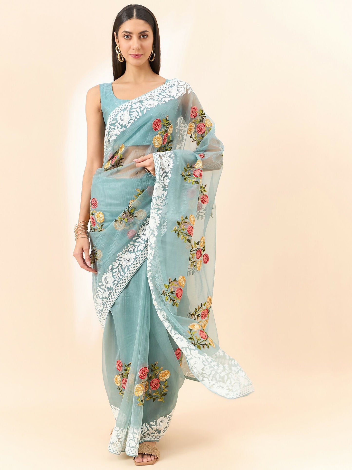 Blue Organza Floral Embroidered Saree with Unstitched Blouse Piece - Roozal
