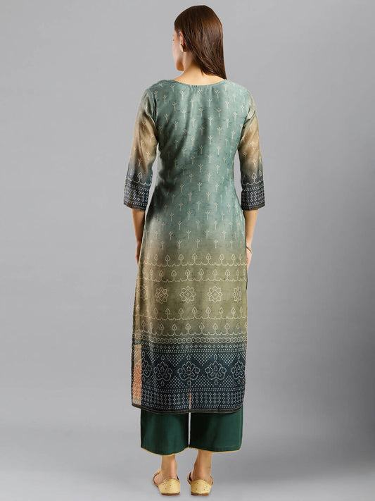Blue Chinon Digital Printed With Hand Work Kurta - Himanshi - Swadesiicart