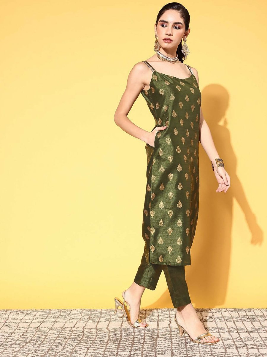 Ahalyaa Women's Olive Colour Poly Silk Gold Printed Kurta Pant Set | Swadesiicart