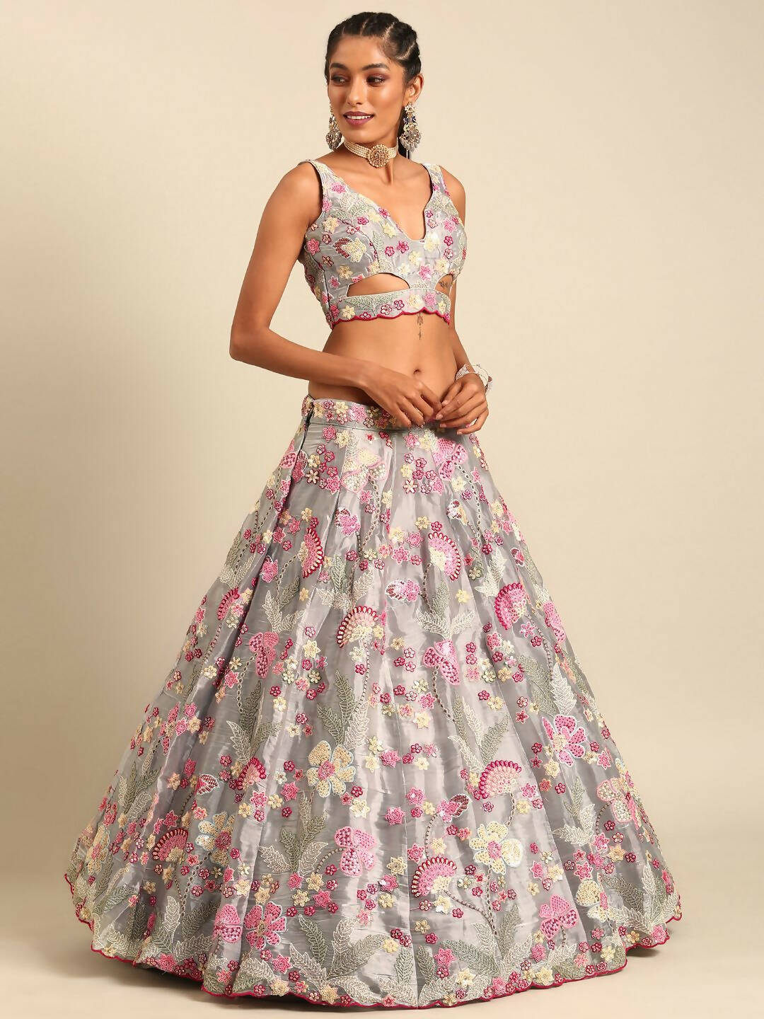 House of Panchhi Grey Organza Sequins and Zarkan embroidery Lehenga choli & Dupatta | Swadesiicart