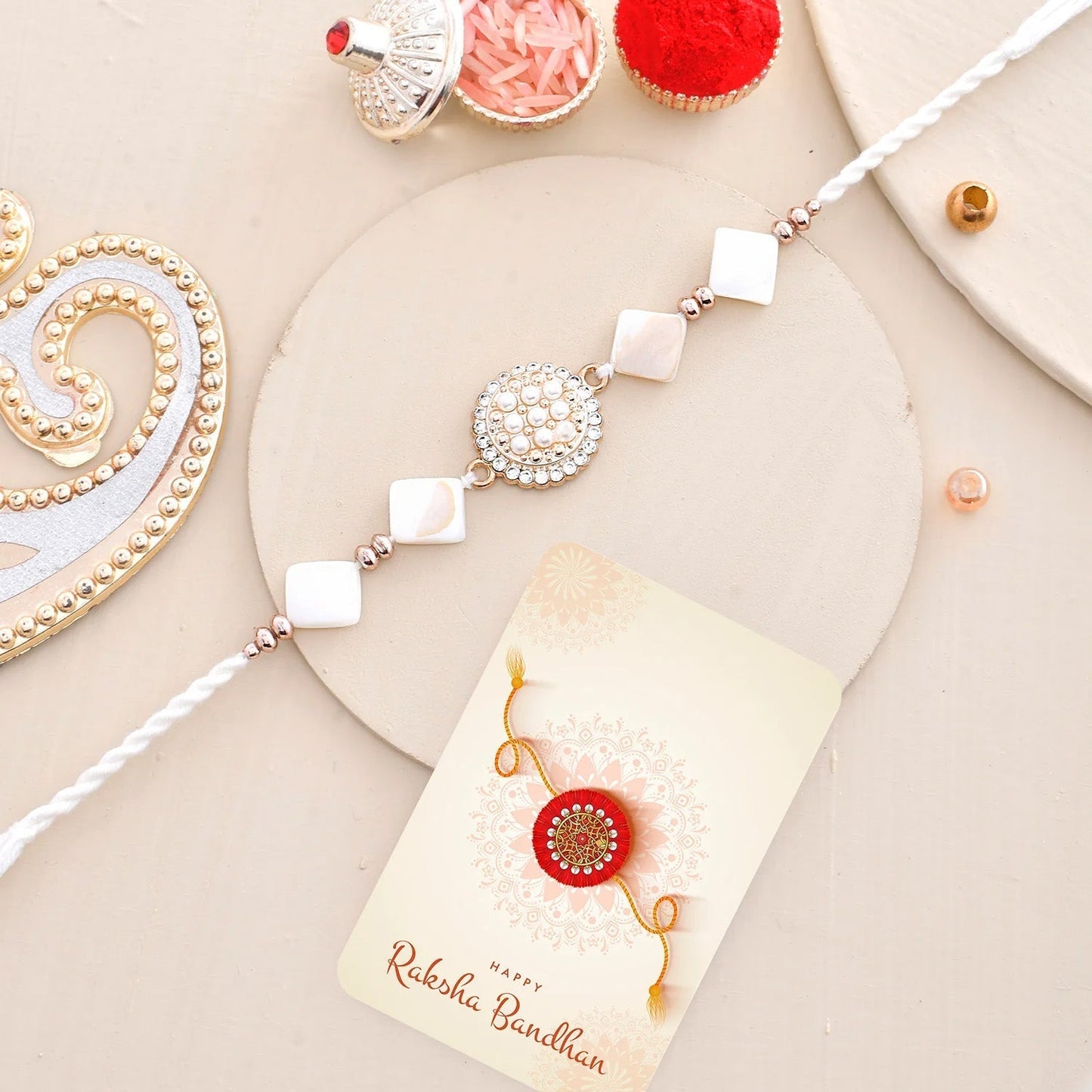 trueBrowns X Voylla White Pearls And Shell Men's Rakhi For Brother | Swadesiicart