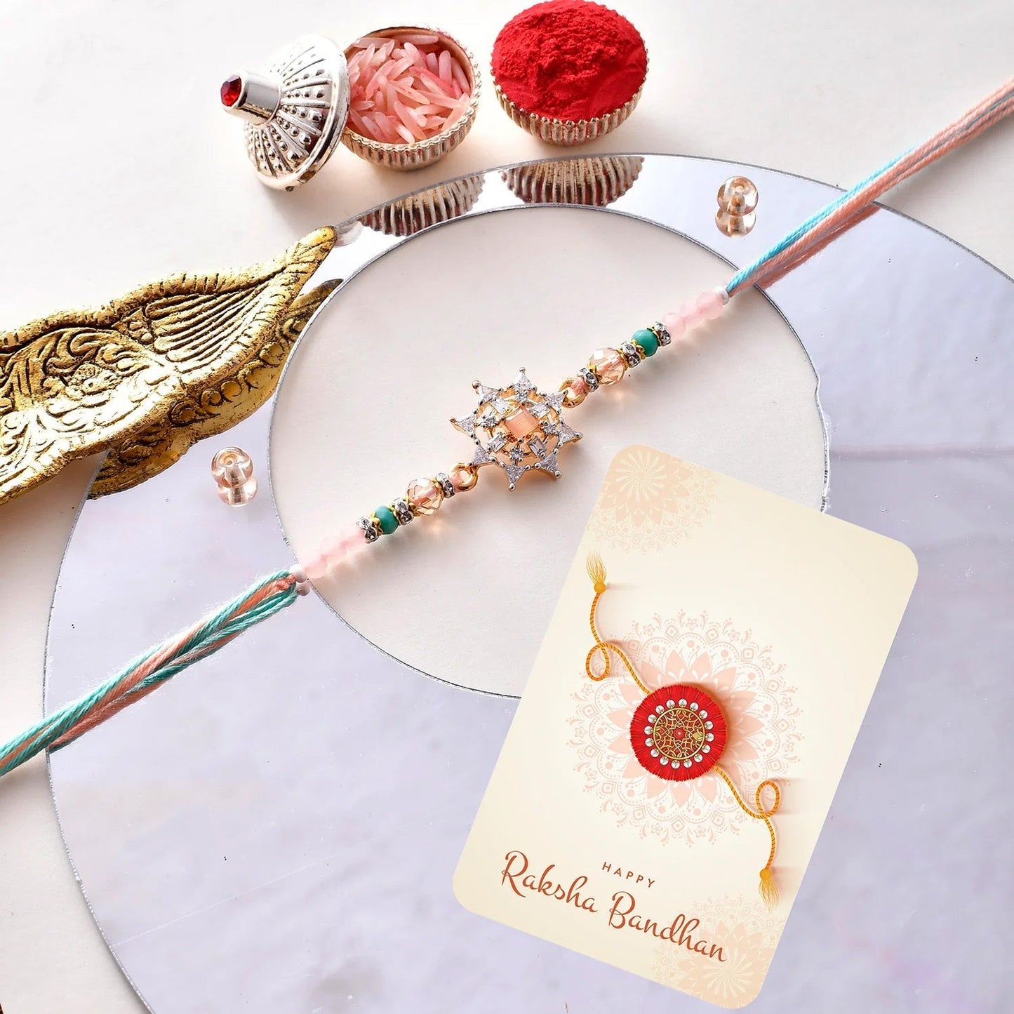 trueBrowns X Voylla Men's Pastel Designer American Diamond Beaded Thread Rakhi For Brother | Swadesiicart