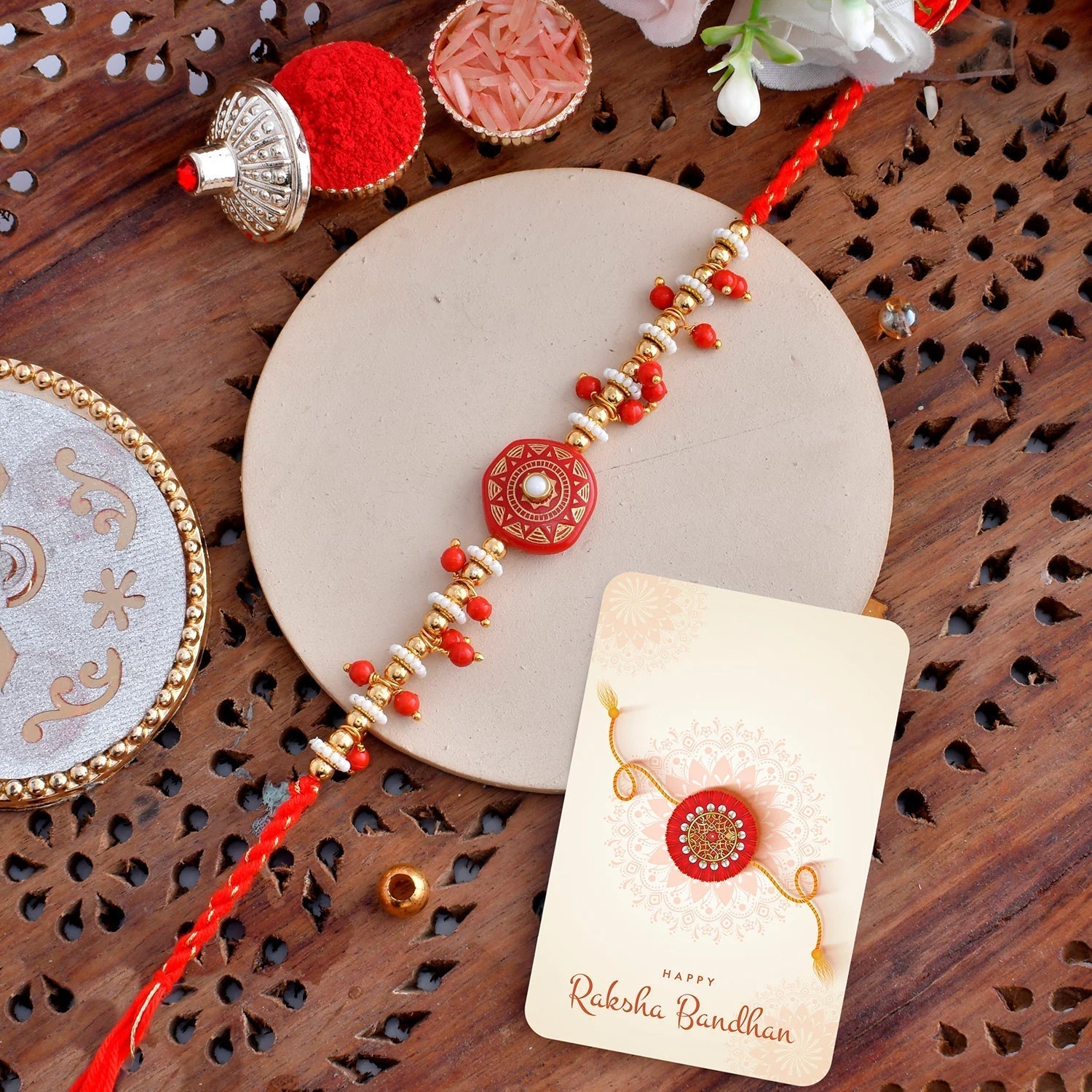trueBrowns X Voylla Men's Red Enamelled White Pearls Thread Rakhi For Brother | Swadesiicart