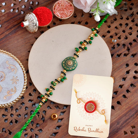 trueBrowns X Voylla Men's Green Enamelled White Pearls Thread Rakhi For Brother | Swadesiicart