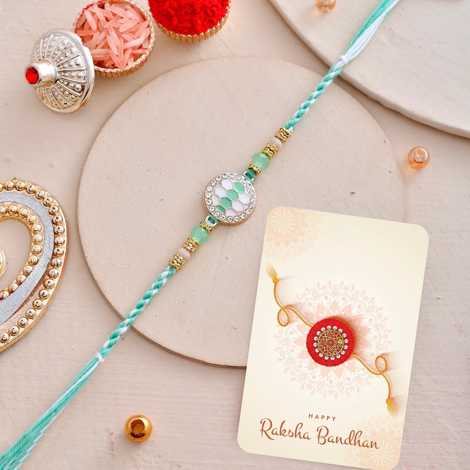 trueBrowns X Voylla Men's Green Thread Traditional Design White Pearls Rakhi For Brother | Swadesiicart