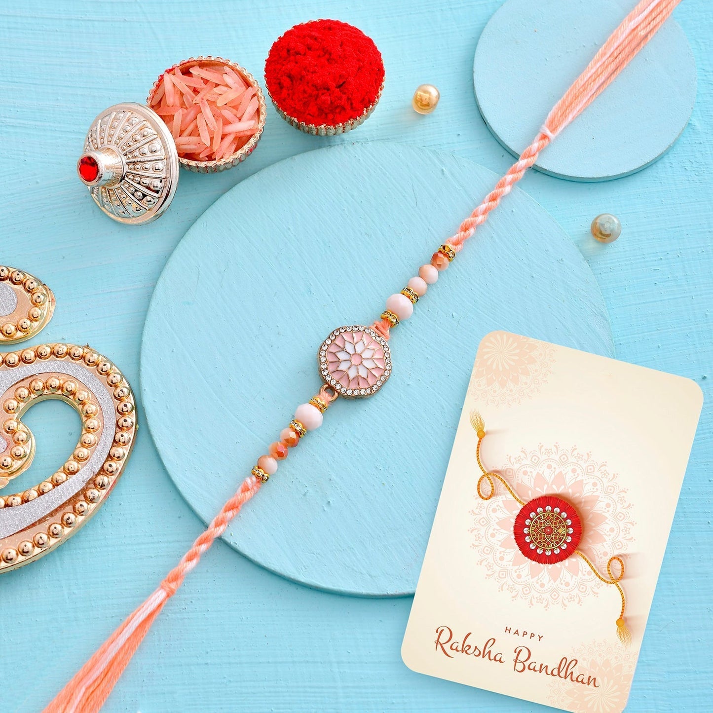 trueBrowns X Voylla Men's Orange Thread Traditional Design White Pearls Rakhi For Brother | Swadesiicart