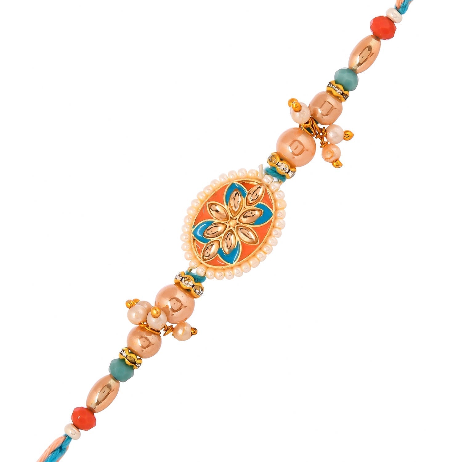 trueBrowns X Voylla Men's Colourful Thread Traditional Design White Pearls Rakhi For Brother | Swadesiicart