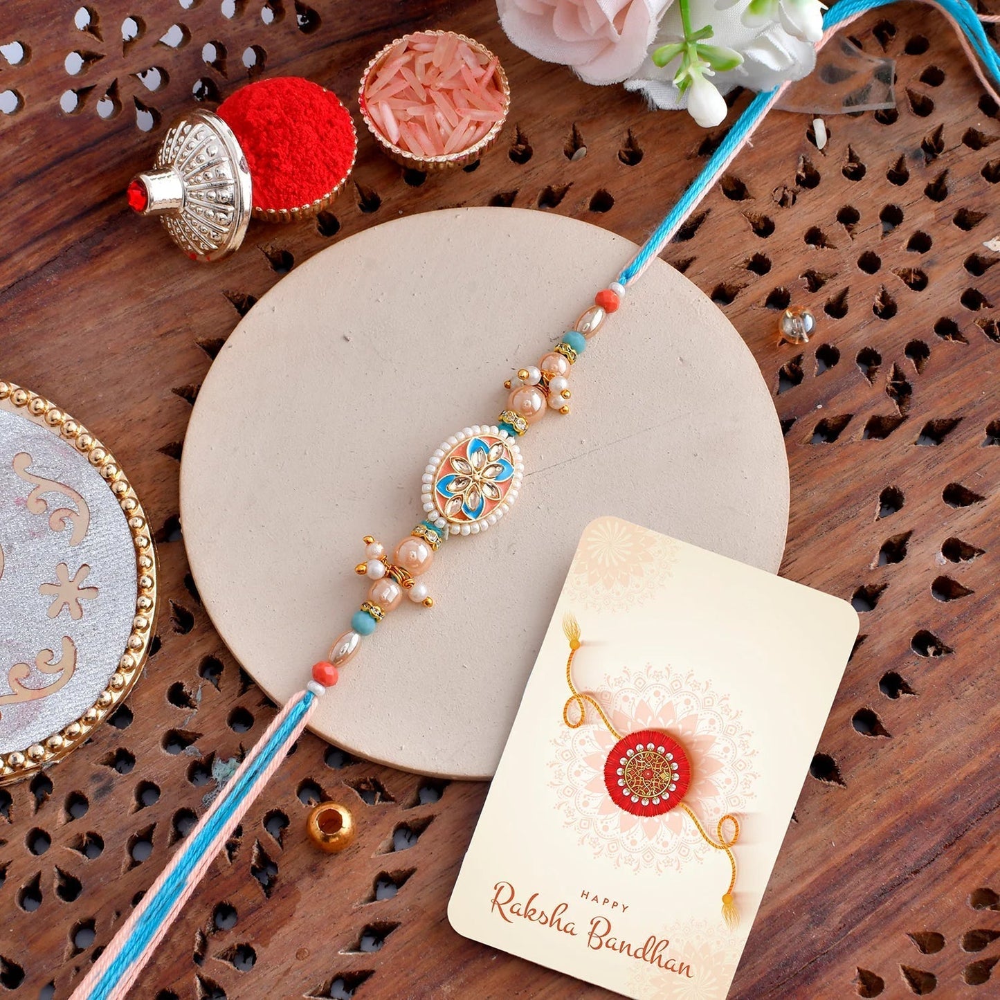 trueBrowns X Voylla Men's Colourful Thread Traditional Design White Pearls Rakhi For Brother | Swadesiicart