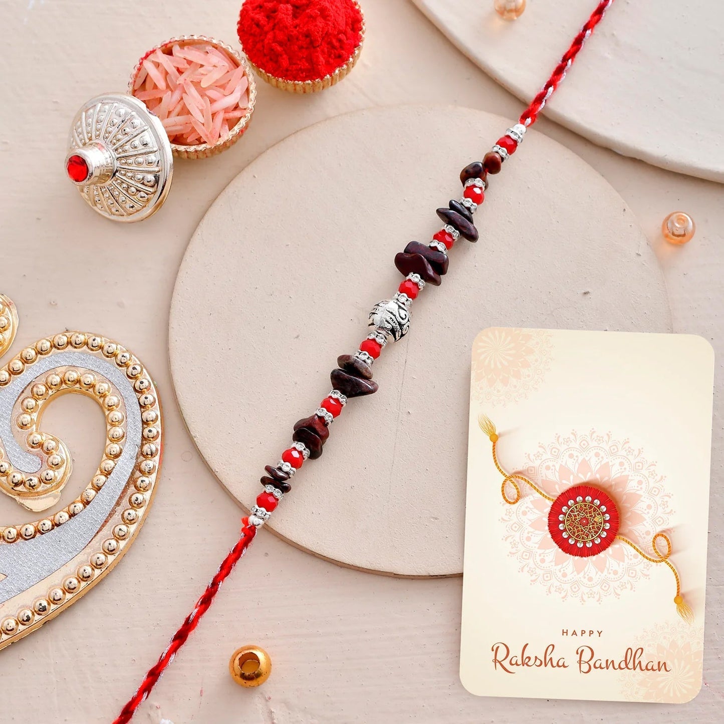 trueBrowns X Voylla Red Beads Bohemian Motif Thread Rakhi For Brother | Swadesiicart