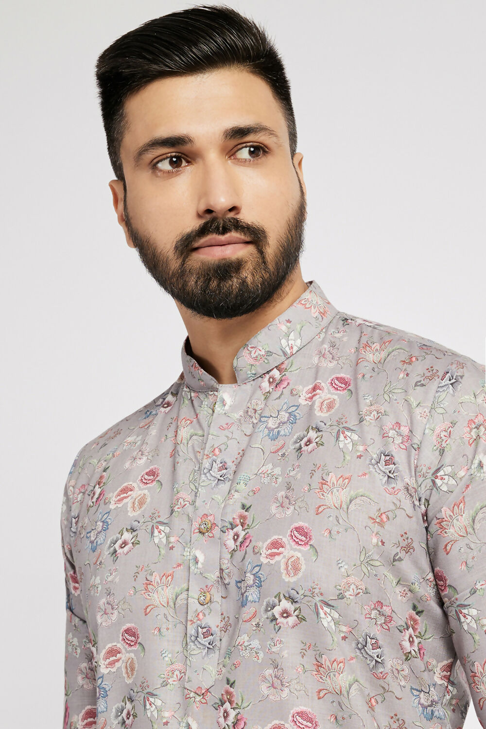 Ethnic India Grey Men's Kurta Floral Polyester | Swadesiicart