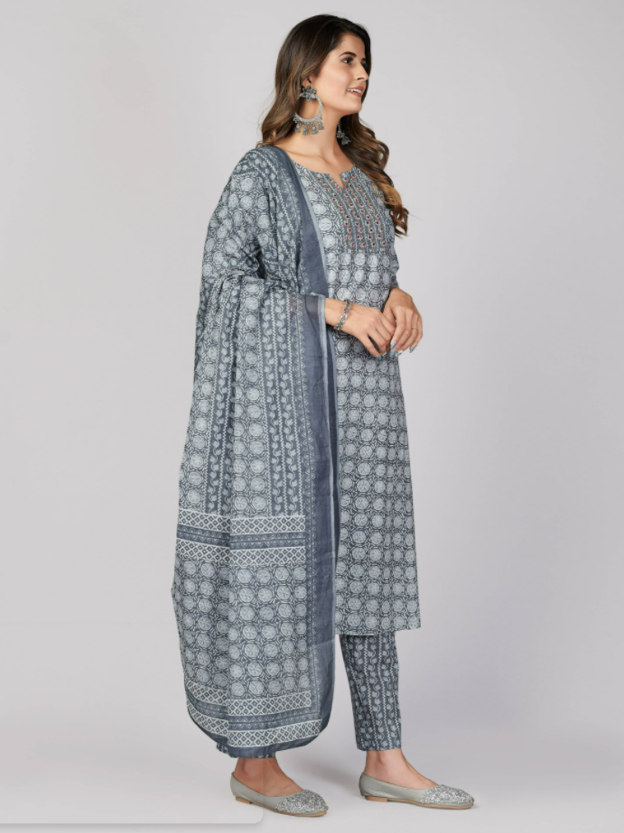 NOZ2TOZ Women's Printed & Embellished & Mirror Work Straight Cotton Grey Stitched Kurta Pant With Dupatta (3Pcs Set) - Swadesiicart