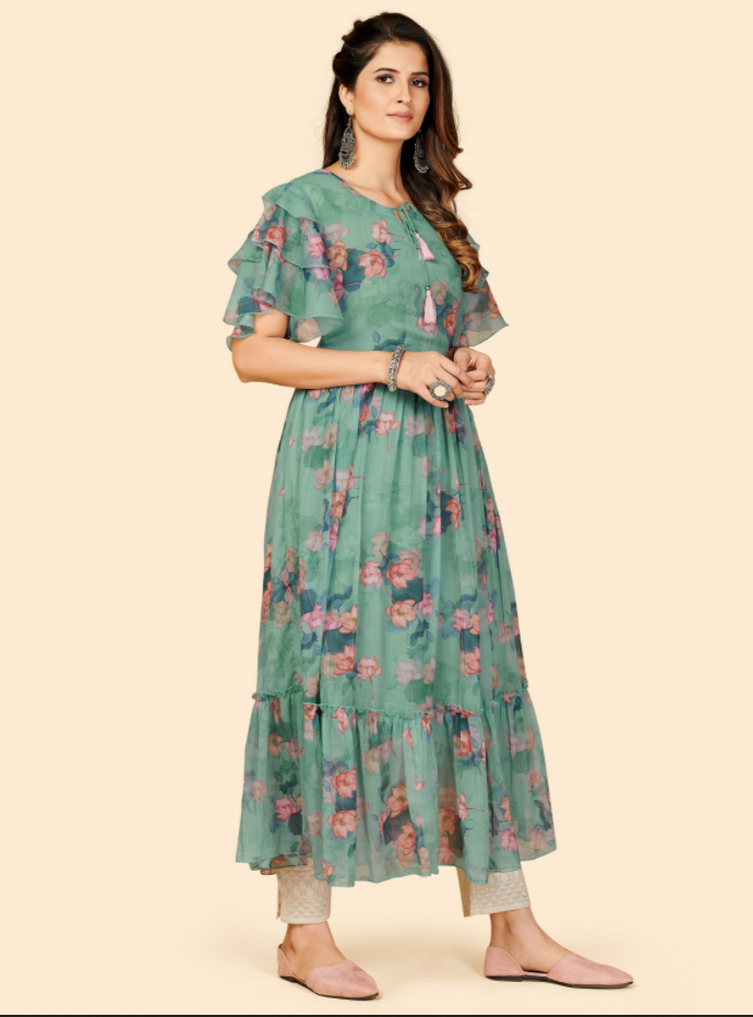 NOZ2TOZ Women's Printed Anarkali Georgette Aqua Green Stitched Kurta (1Pc) - Swadesiicart