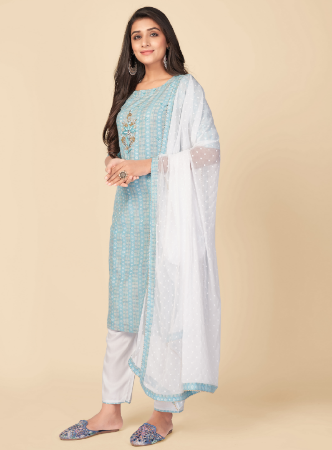 NOZ2TOZ Women's Printed & Hand Work Straight Cotton Sky Blue Kurta Pant With Dupatta (3Pcs Set) - Noz2Toz