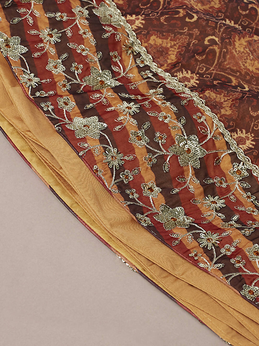 House of Panchhi Brown Organza Floral Print and sequinse work Lehenga choli & Dupatta | Swadesiicart