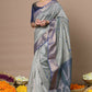 Very Much Indian Rajsi - Handloom Ari Checks Cotton Silk Saree With Golden Border - Grey | Swadesiicart