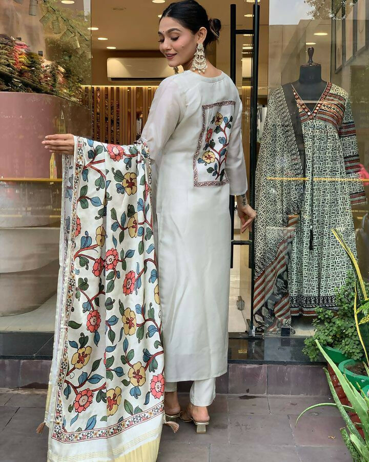 The52 Off White Women's Gorgeous Embroidered Viscose Chanderi Fabric Straight Kurta Pant with Dupatta Set - Swadesiicart
