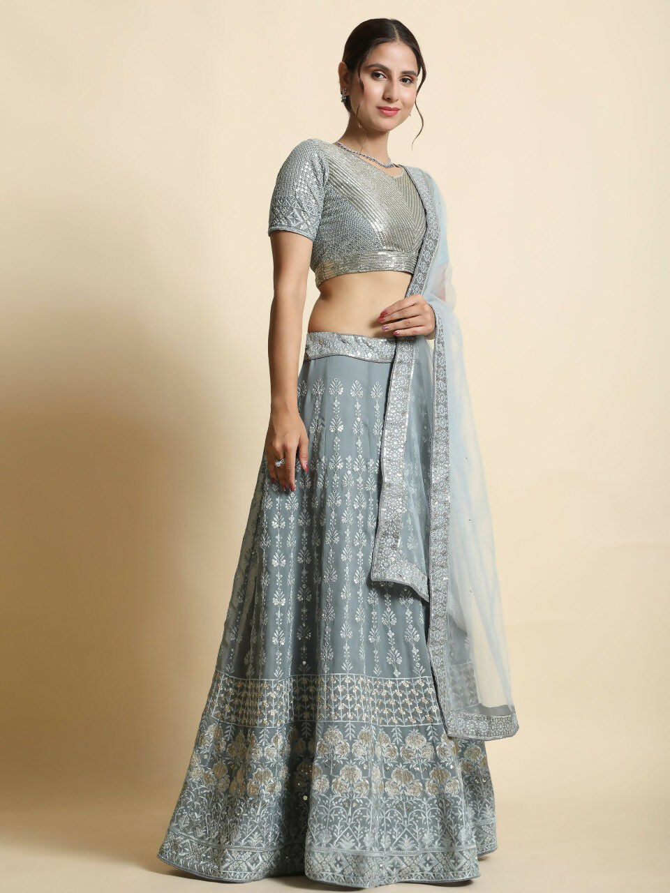Jyoti Fashion Mesmerizing Grey Faux Georgette 3MM Sequins with Thread & Jari Embroidery Lehenga Choli with Dupatta | Swadesiicart