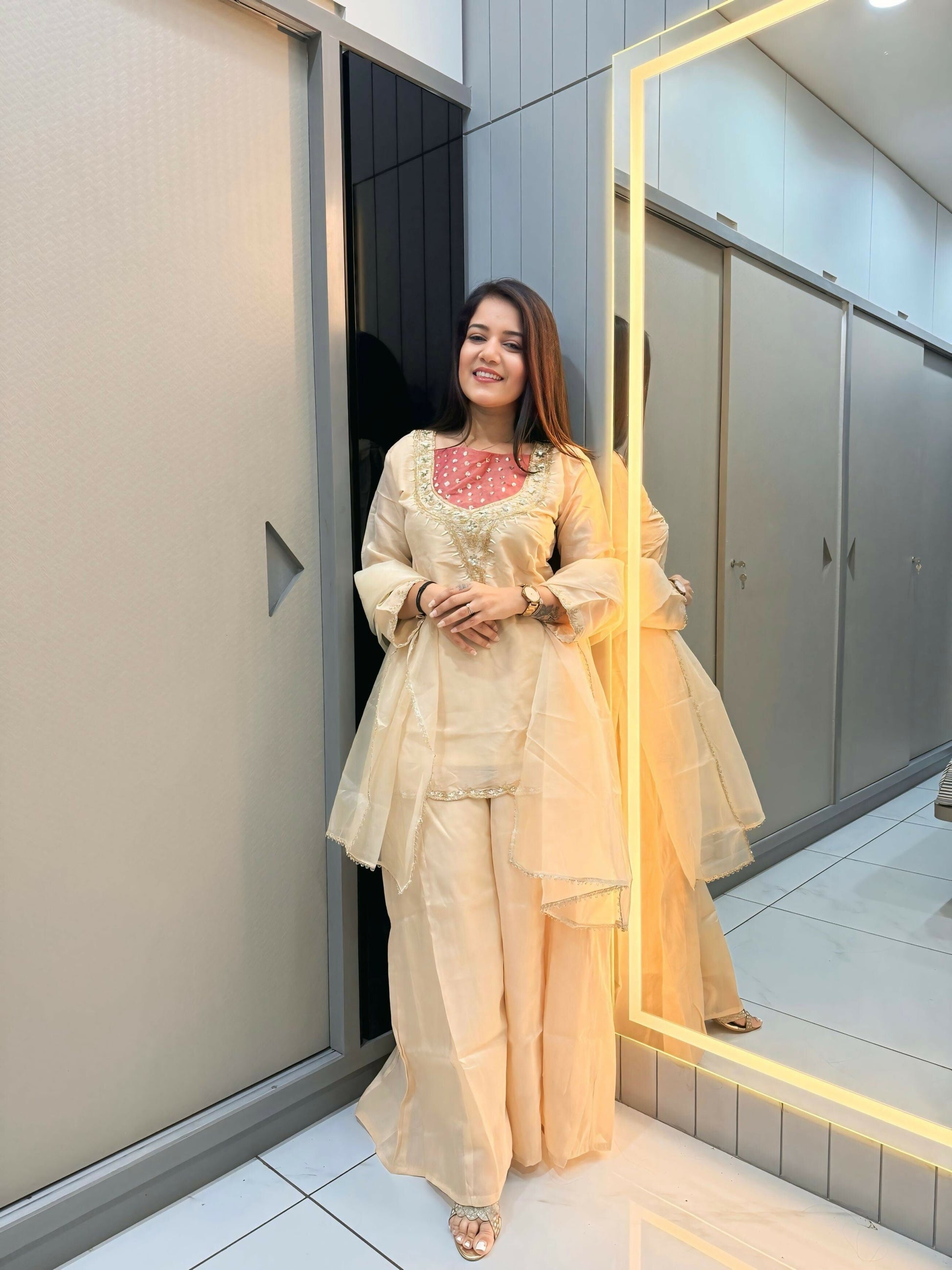 Anaita Cream Roman Shimmer Readymade Kurti Set with Handwork & Moti Work