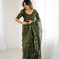 Lorenvalley Fashion Mehndi Solo Georgette Superb Finishing Foils Print & Fancy Zalar Lace in Border Saree with Blouse - Swadesiicart