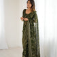 Lorenvalley Fashion Mehndi Solo Georgette Superb Finishing Foils Print & Fancy Zalar Lace in Border Saree with Blouse - Swadesiicart