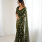 Lorenvalley Fashion Mehndi Solo Georgette Superb Finishing Foils Print & Fancy Zalar Lace in Border Saree with Blouse - Swadesiicart