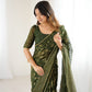 Lorenvalley Fashion Mehndi Solo Georgette Superb Finishing Foils Print & Fancy Zalar Lace in Border Saree with Blouse - Swadesiicart