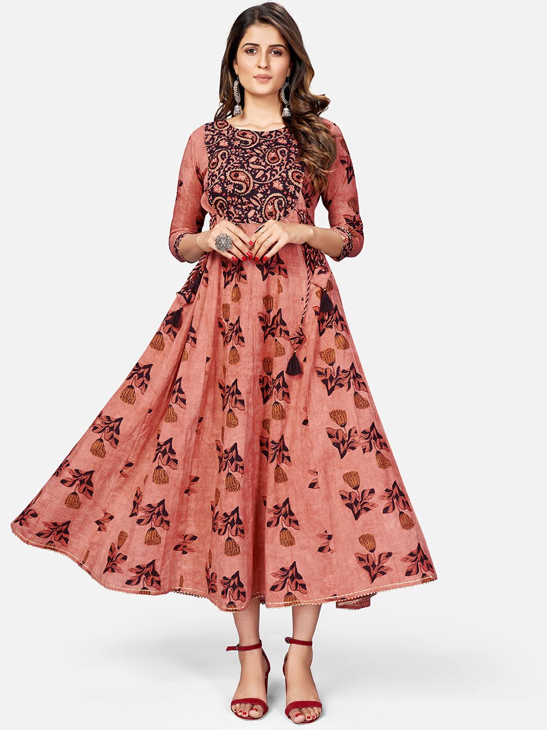 NOZ2TOZ Women's Printed & Hand Work Anarkali Cotton Brown Kurta (1Pc) - Noz2Toz