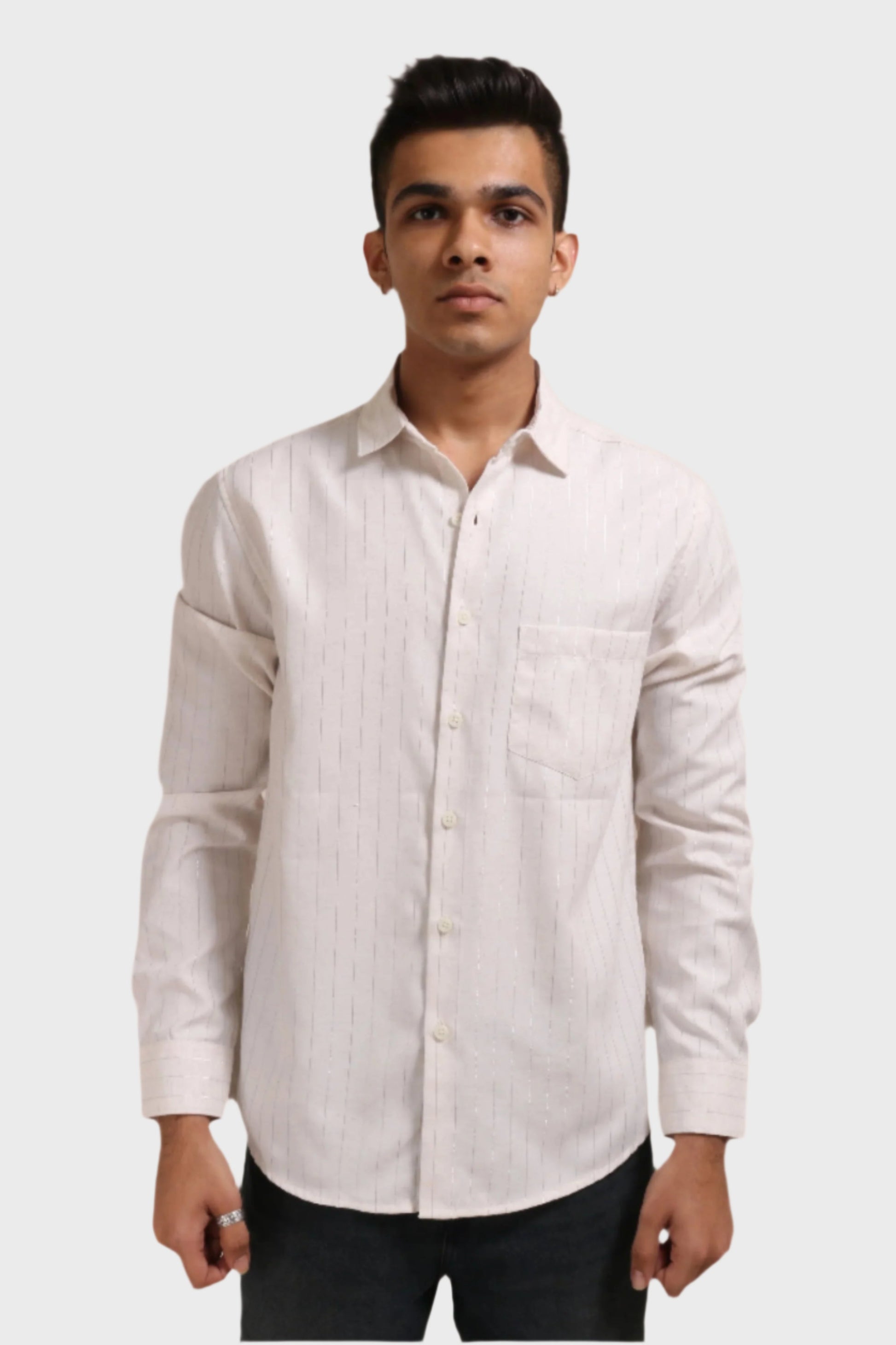 Xkind Off White Silver Stripes Regular Fit Shirt | Swadesiicart