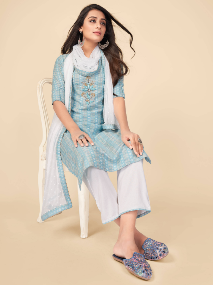 NOZ2TOZ Women's Printed & Hand Work Straight Cotton Sky Blue Kurta Pant With Dupatta (3Pcs Set) - Swadesiicart