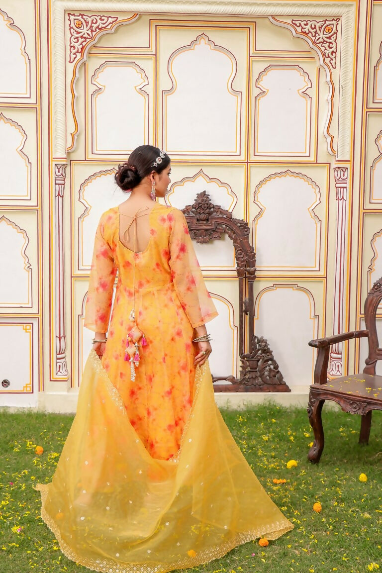 Vaasva Women Yellow Organza Floral Embroidered Anarkali Kurta, Pant & Dupatta set | Swadesiicart
