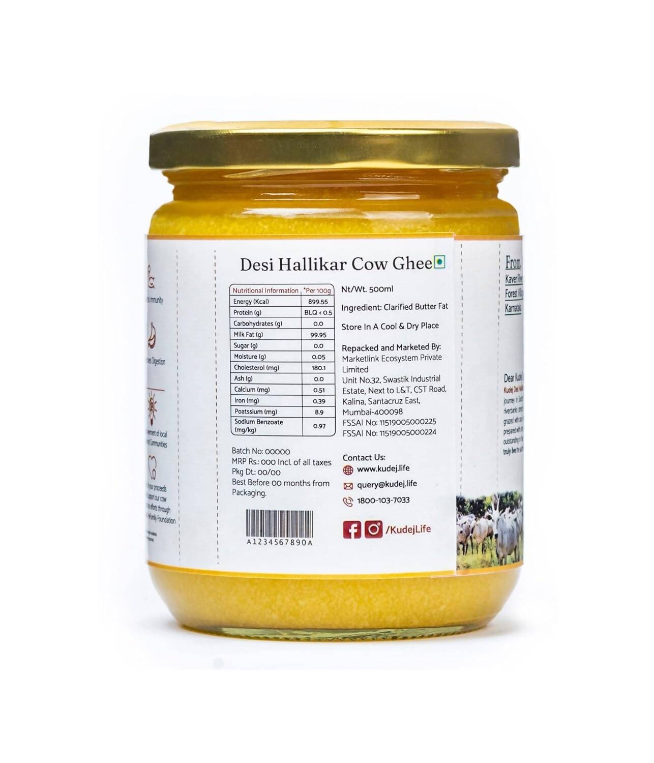 Kudej Desi Hallikar Cow A2 Ghee | Organic Desi Gir Cow Ghee |  Made From Grass Fed Cow's Milk | Swadesiicart