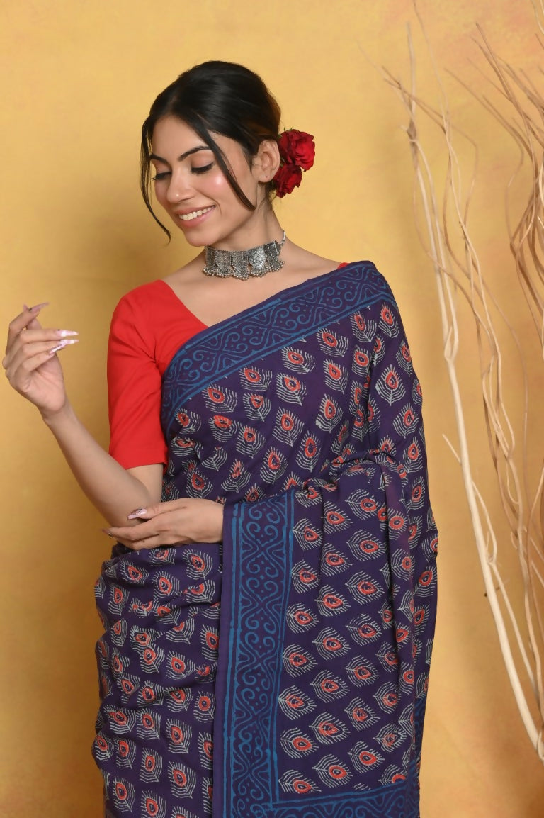Very Much Indian Handblock Printed Cotton Saree With Natural Dyes - Blue | Swadesiicart